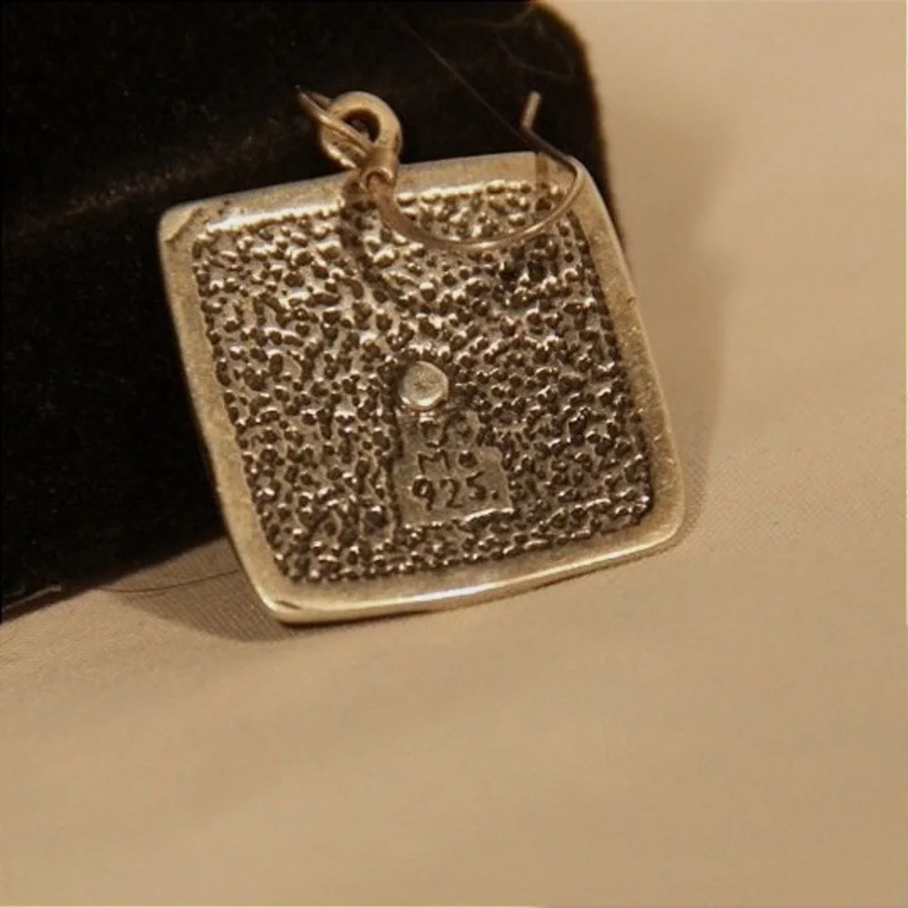 Vintage Sterling Silver 925 Turquoise Square Floral Drop Earrings French Hook - Picture 6 of 7